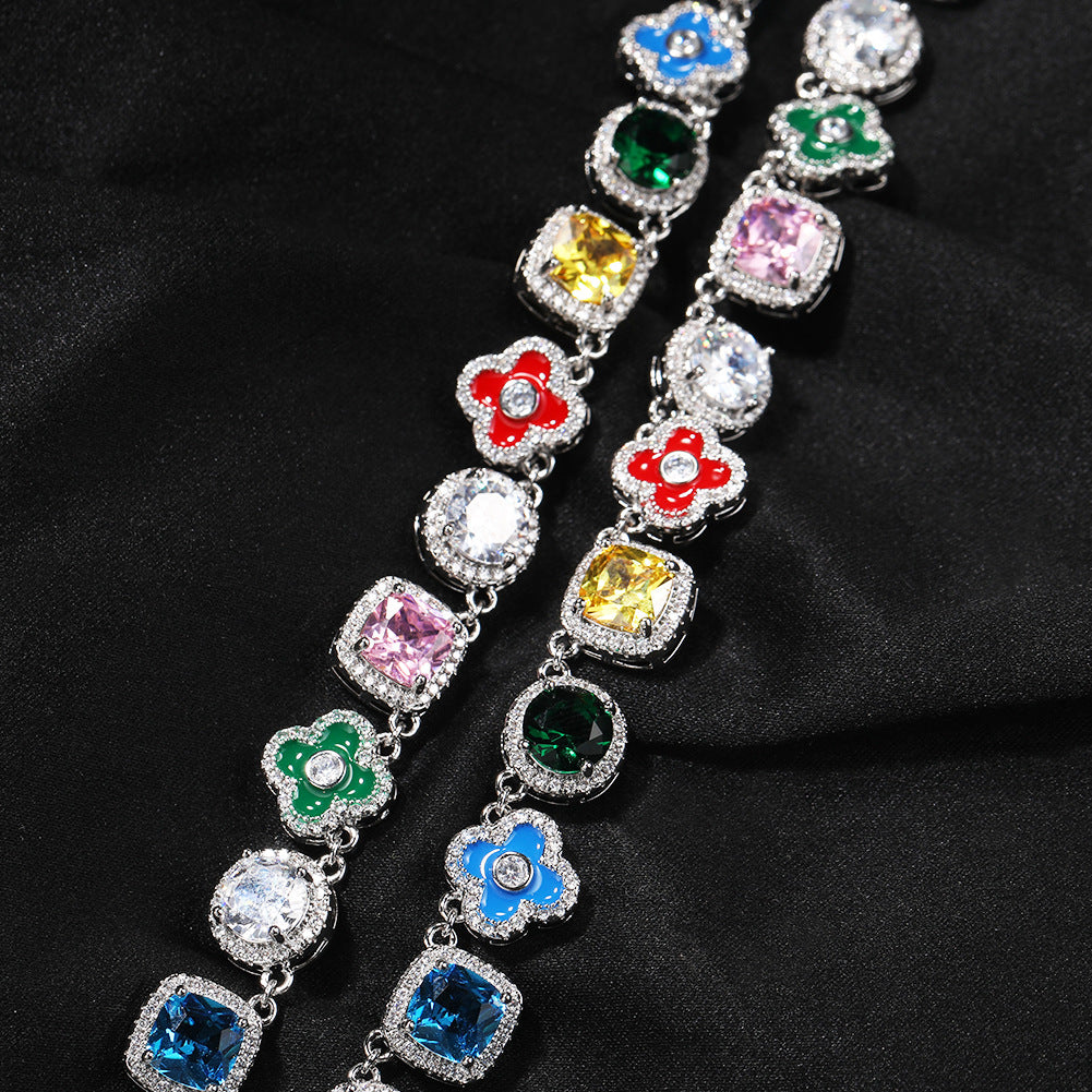 Hip-hop colorful rhinestone-encrusted flower necklace