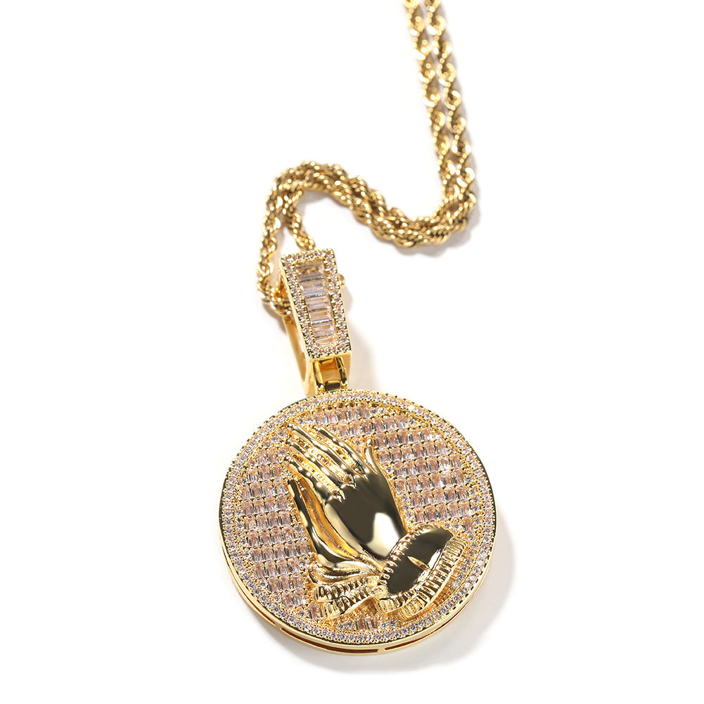 Hip-hop round disc zircon-encrusted praying hands pendant