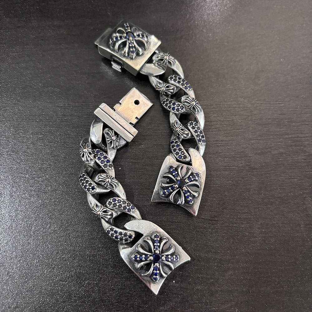 Chrome Hearts blue diamond-encrusted cross flower watch chain