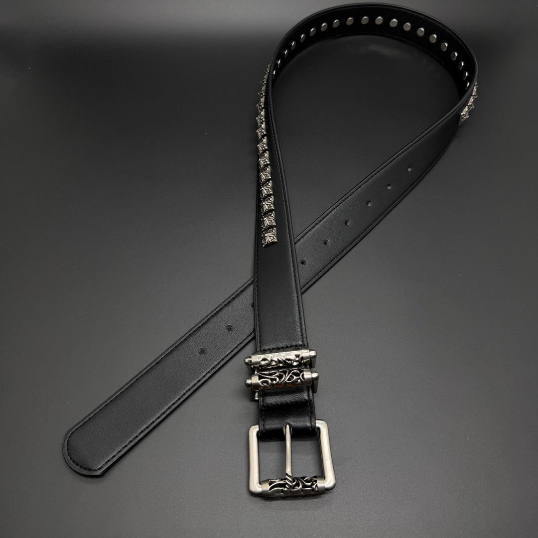 Chrome Hearts cross studded hollowed-out pin buckle leather belt.