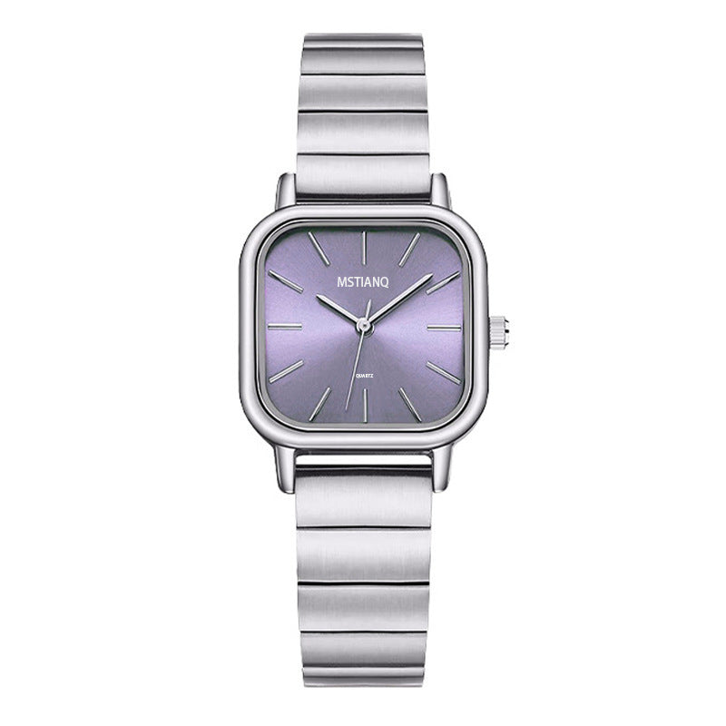 Square-Dial Student Watch with Bamboo-Link Steel Band