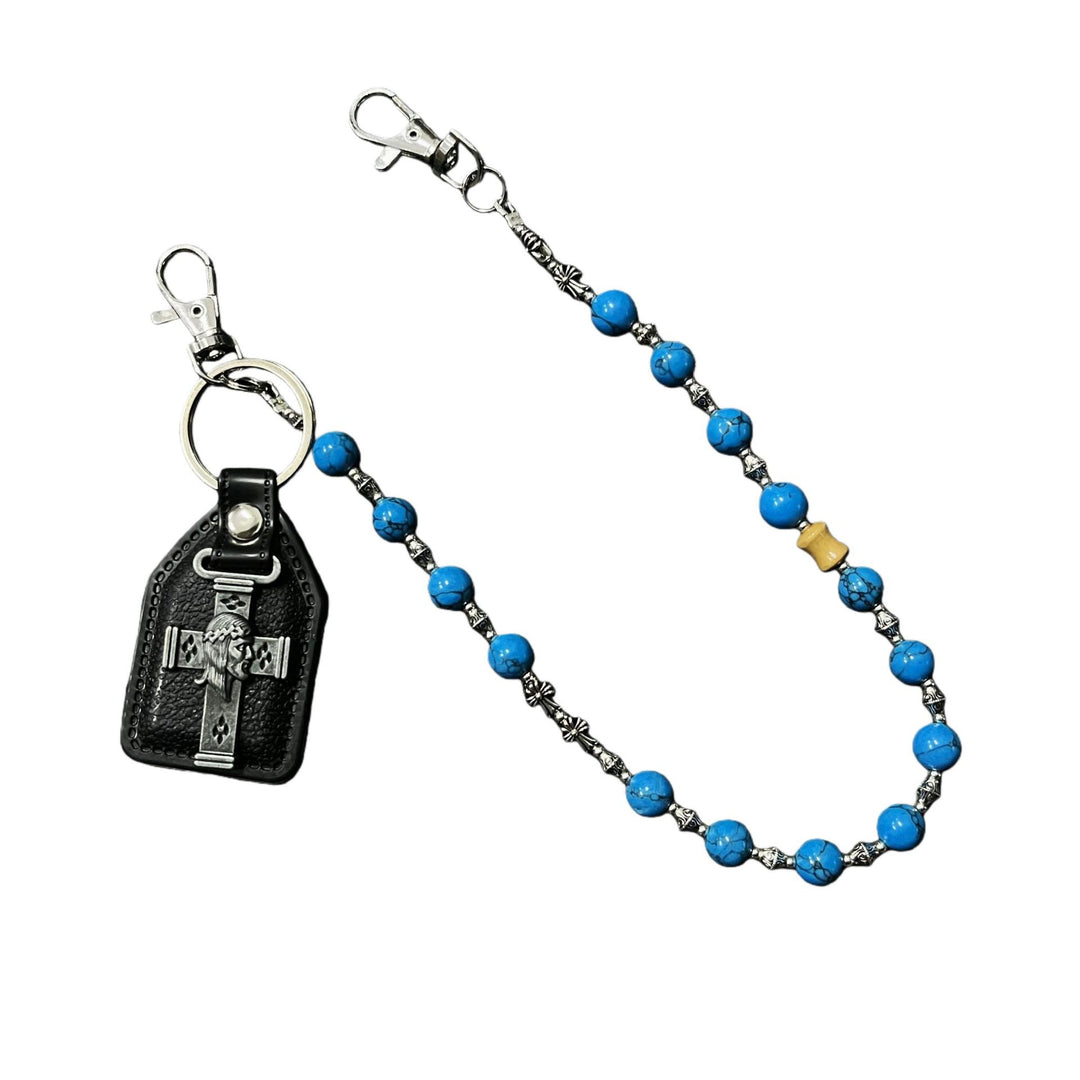 Handcrafted Vintage Blue Cracked Stone Cross Waist Chain