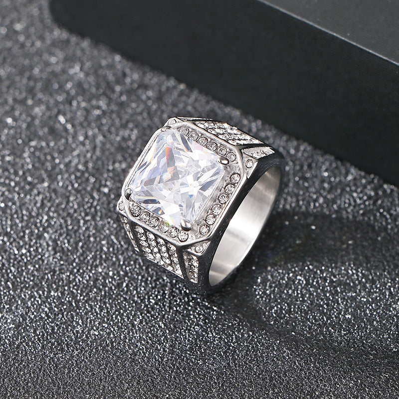 Bold diamond-encrusted titanium steel ring