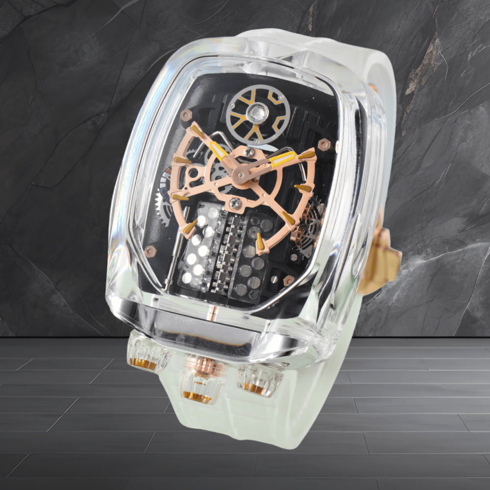 W16 Engine-Style Watch with Sparkling Transparent Crystal Case