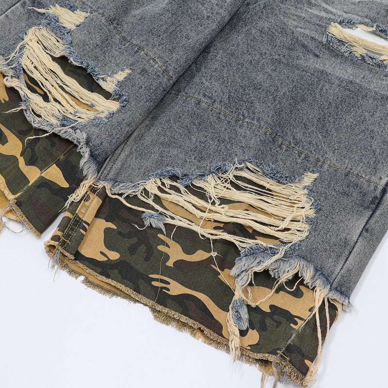 Raw-Hem Leopard-Print Patchwork Denim Shirt & Shorts Set