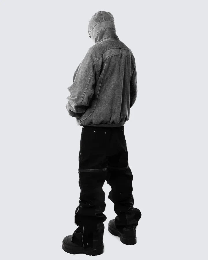 Single-hooded long zip-up hoodie with exposed eyes