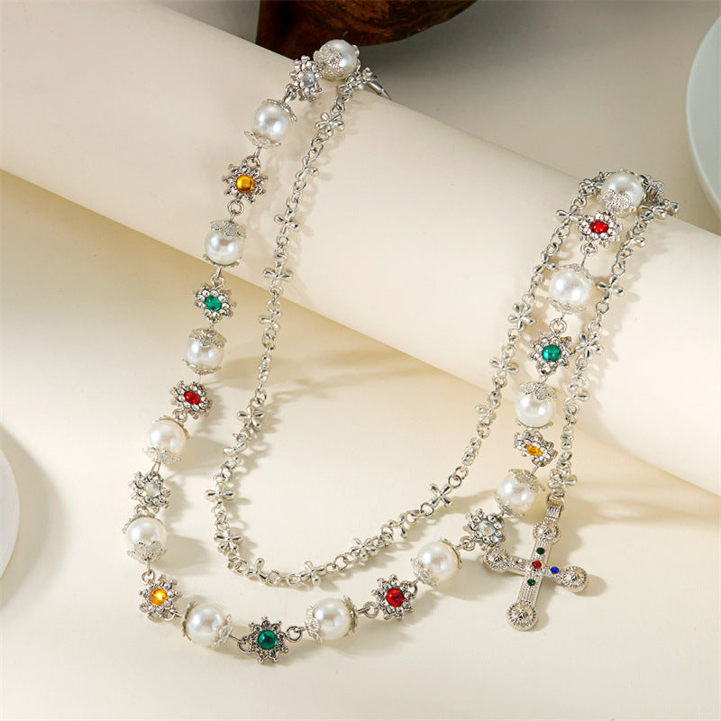 Multi-Color Gemstone, Pearl, and Cross Punk Waist Chain