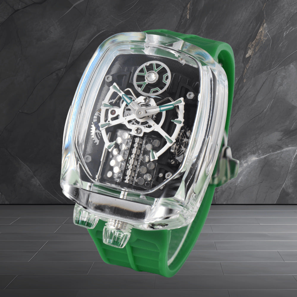 W16 Engine-Style Watch with Sparkling Transparent Crystal Case