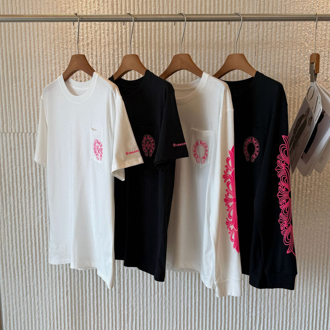 Chrome Hearts Pink Horseshoe Flower Sleeve Print T-Shirt