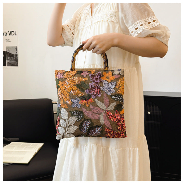 Embroidered sequins linen bamboo handle tote bag