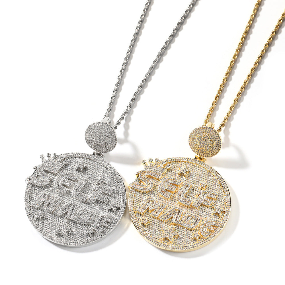 Self made hip-hop large diamond-encrusted disc necklace
