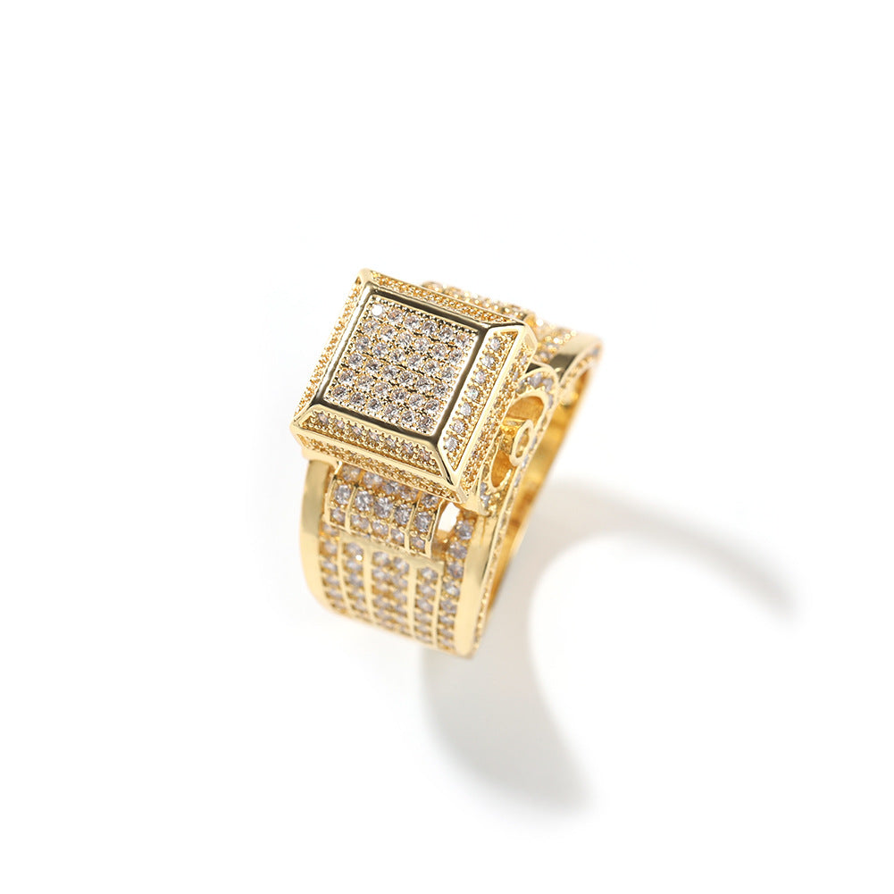Hip-hop square diamond-encrusted couple ring