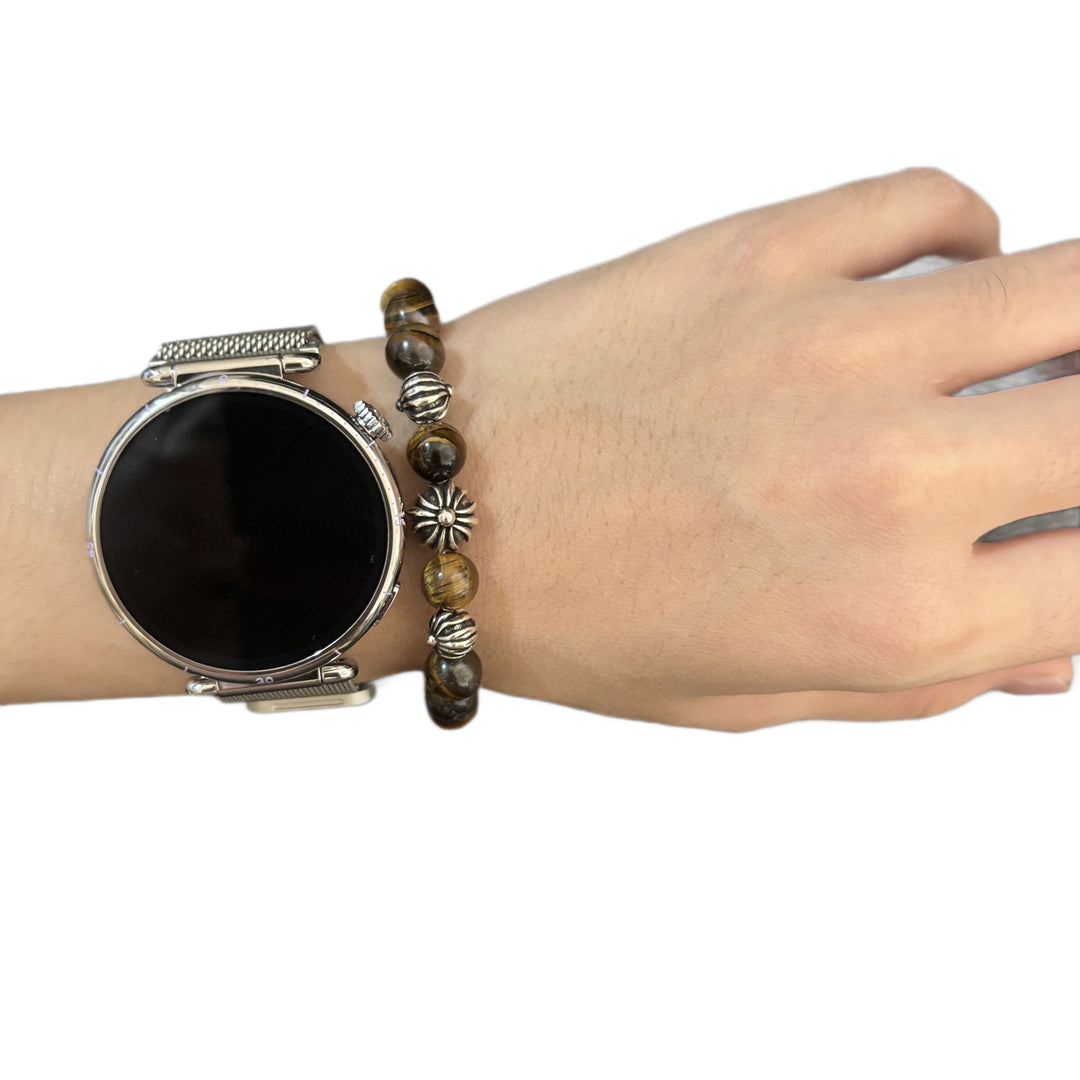 Chrome Hearts tiger's eye stone cross silver bead bracelet