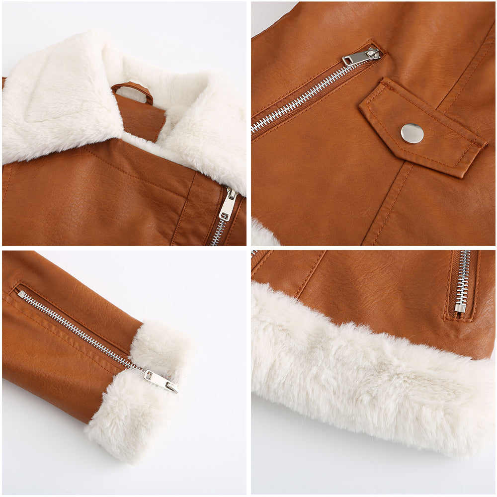 Autumn and winter fleece leather women's warm long-sleeved lapel coat jacket