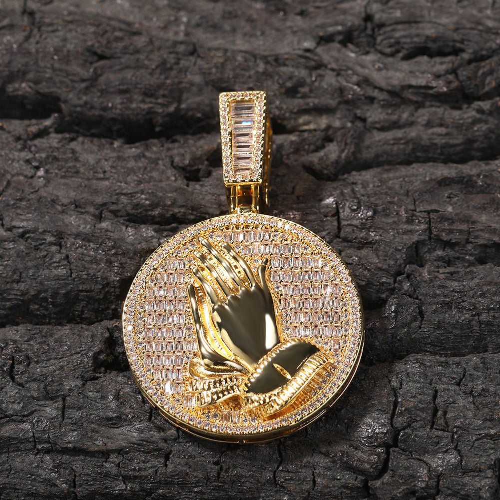 Hip-hop round disc zircon-encrusted praying hands pendant