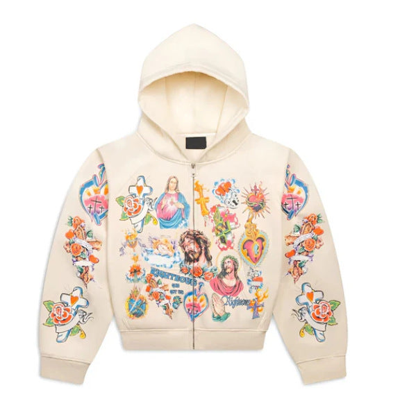 RIGHTEOUS Jesus Cross Cartoon Hooded Zip-up Sweatshirt