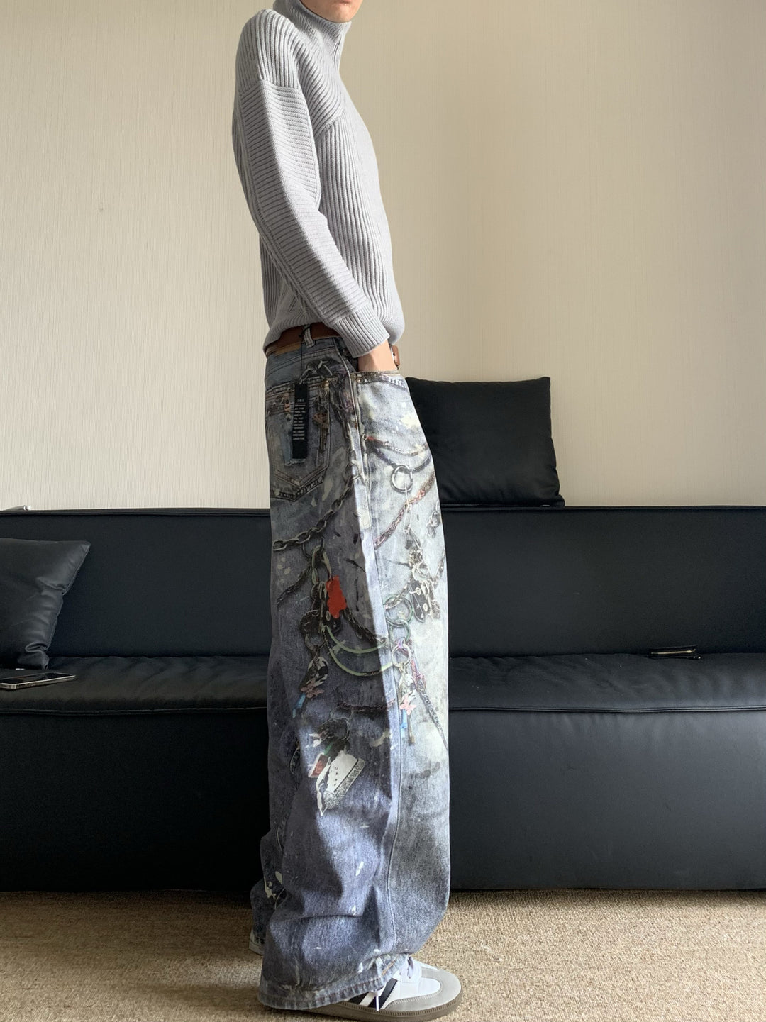 Distressed "Wasteland" Style Jeans with 3D Print and Chain Detail