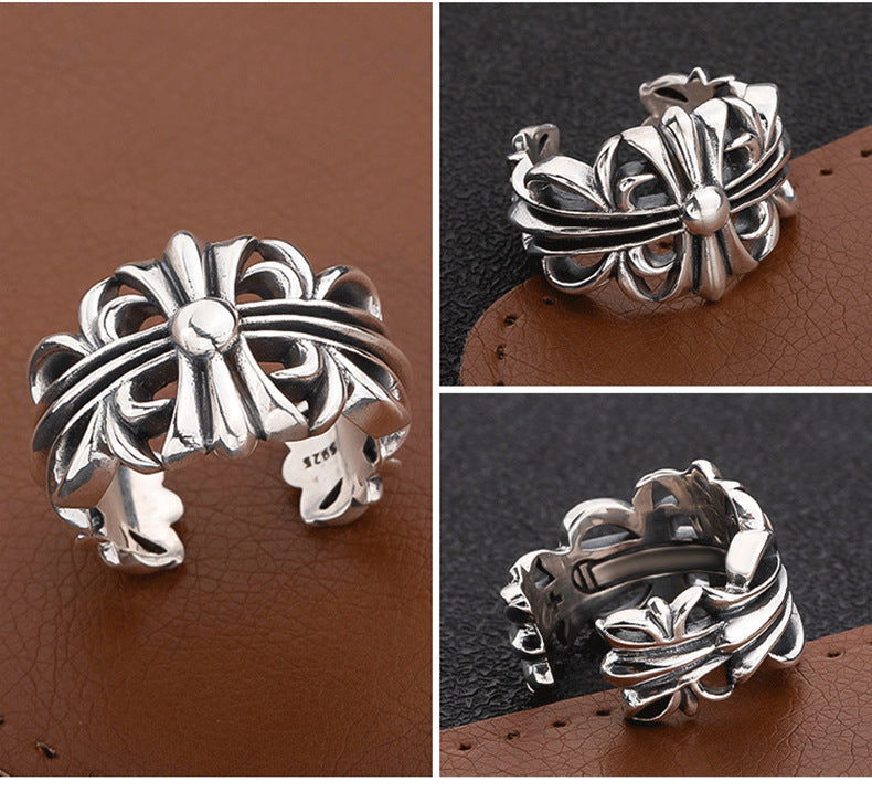 S925 sterling silver chrome hearts cross flower retro open ring