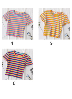 Women's short navel-baring rainbow striped tight T-shirt