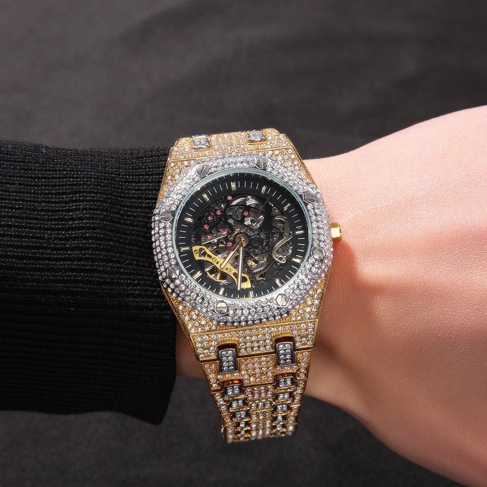 Hip Hop Full Diamond Skeleton Mechanical Watch