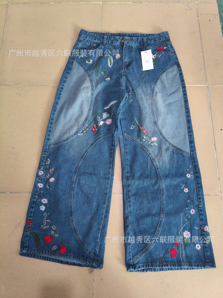 Y2K Loose-Fit Wide-Leg Patchwork Jeans with Floral Embroidery