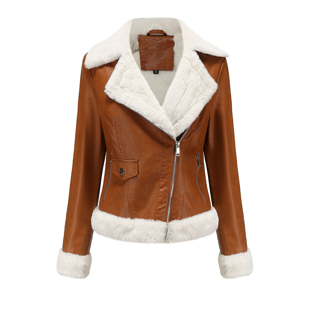 Autumn and winter fleece leather women's warm long-sleeved lapel coat jacket