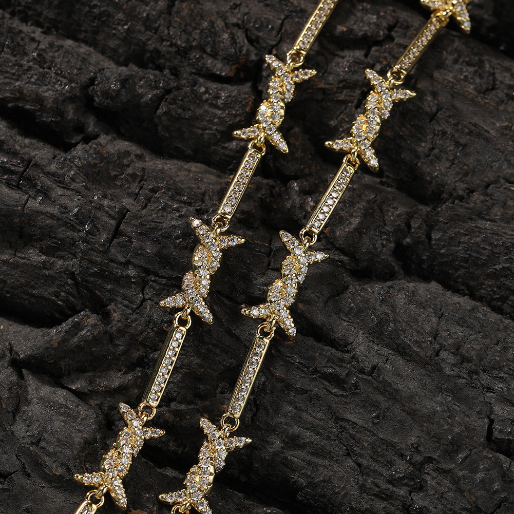 Hiphop zircon-encrusted barbed wire necklace