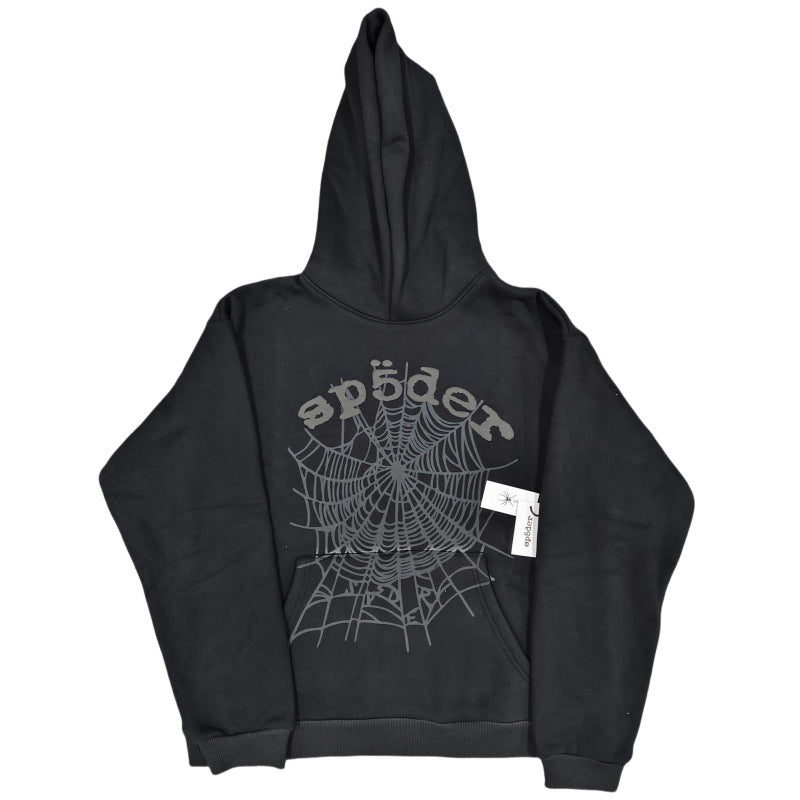 Sp5der fleece-lined hoodie with spiderweb print.