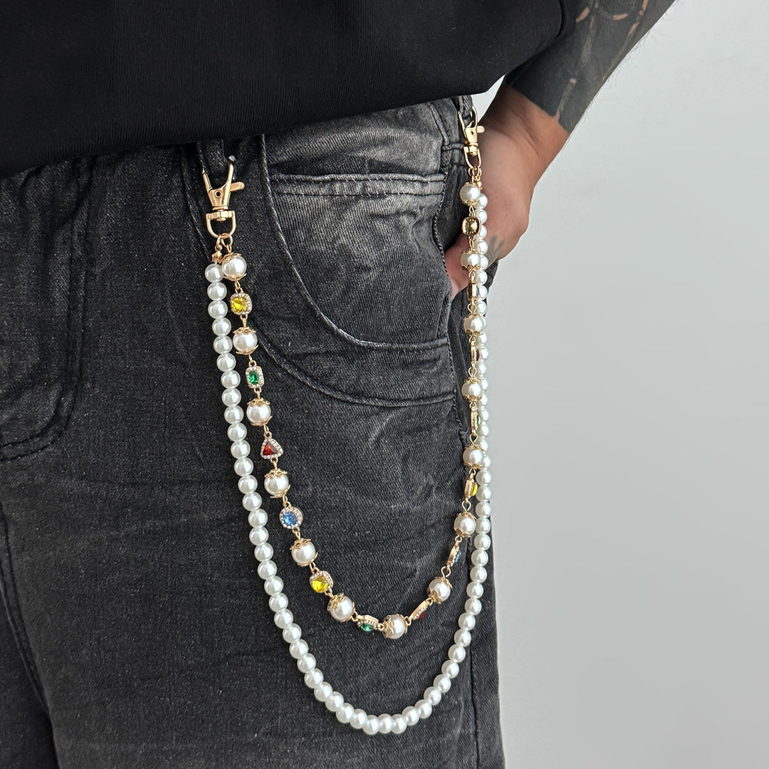 Pearl, Multi-Gemstone, Cross & Floral Pant Chain