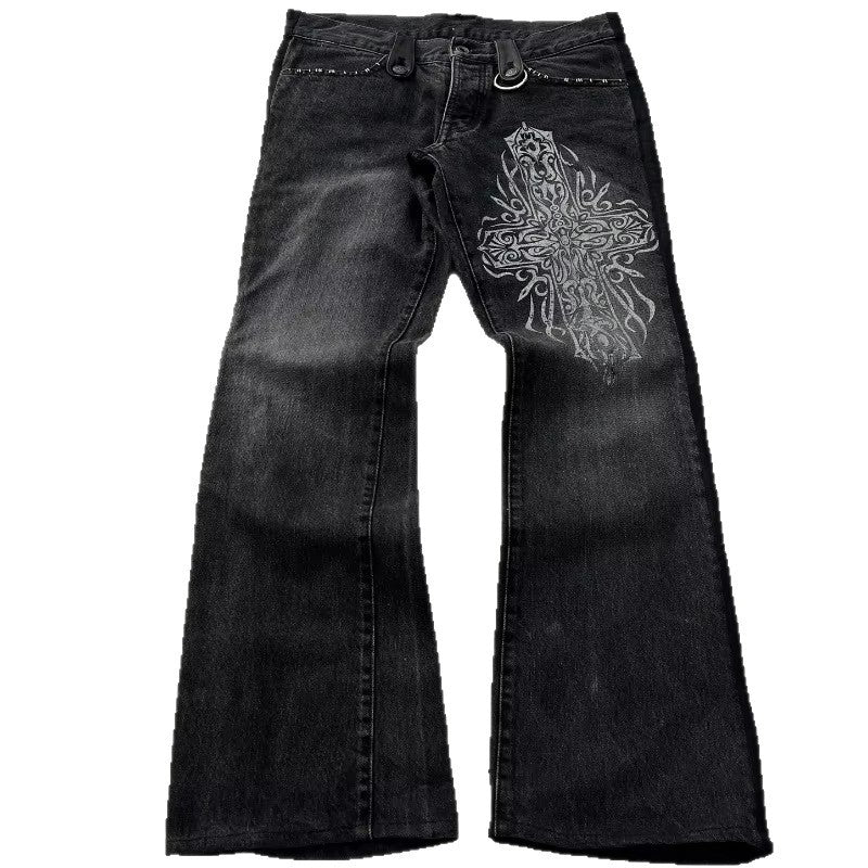 Y2K dark style cross print washed flared jeans