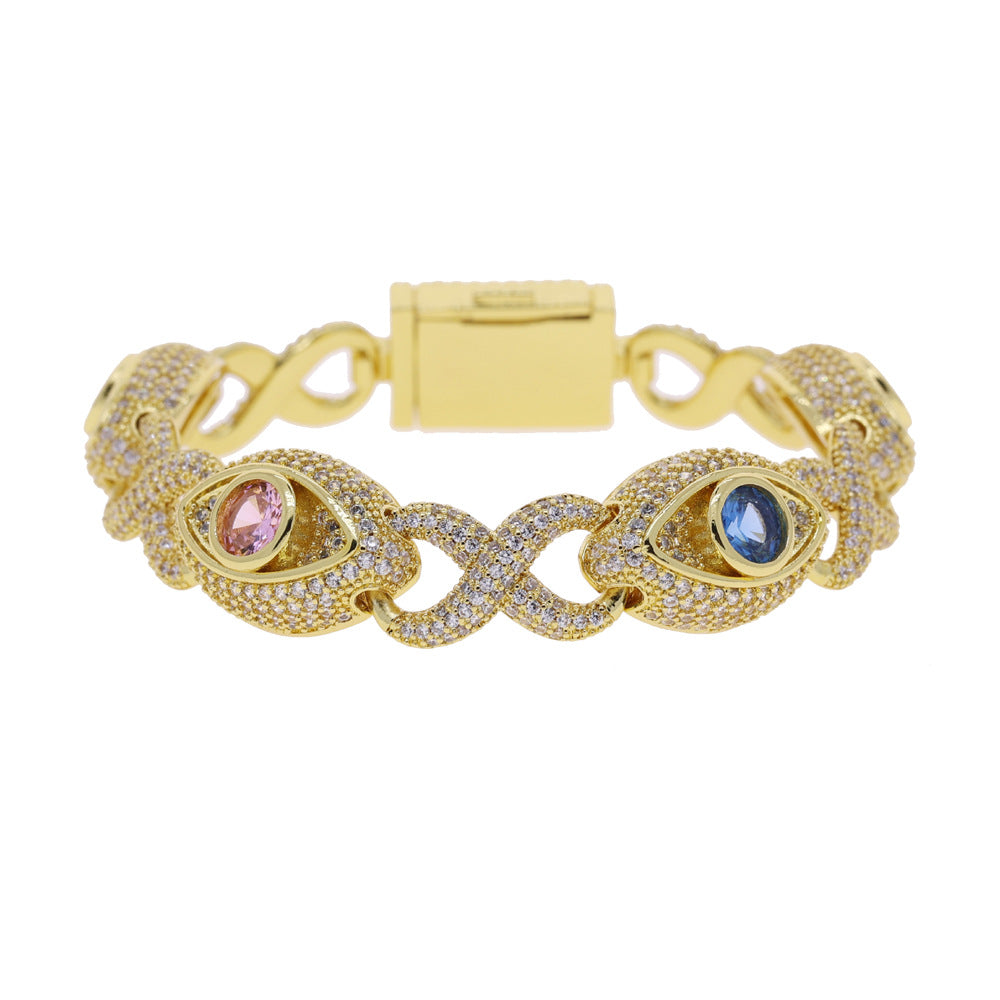 Eye-themed infinity bracelet with colored zircon, figure-eight chain