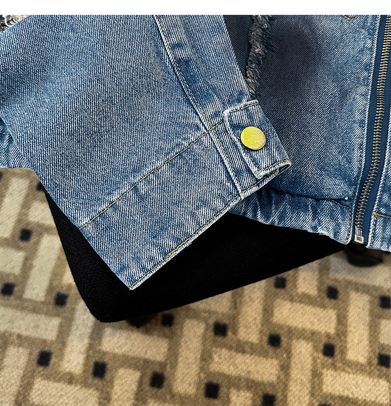 Embossed Raw-Hem Padded-Shoulder Denim Jacket