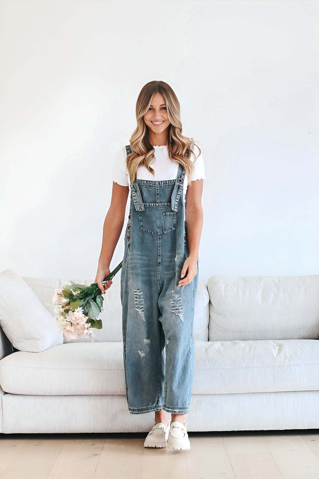 Vintage Distressed Ripped Loose-Fit Wide-Leg Denim Overalls