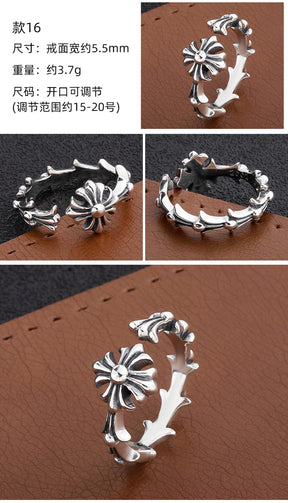 S925 sterling silver chrome hearts cross flower retro open ring