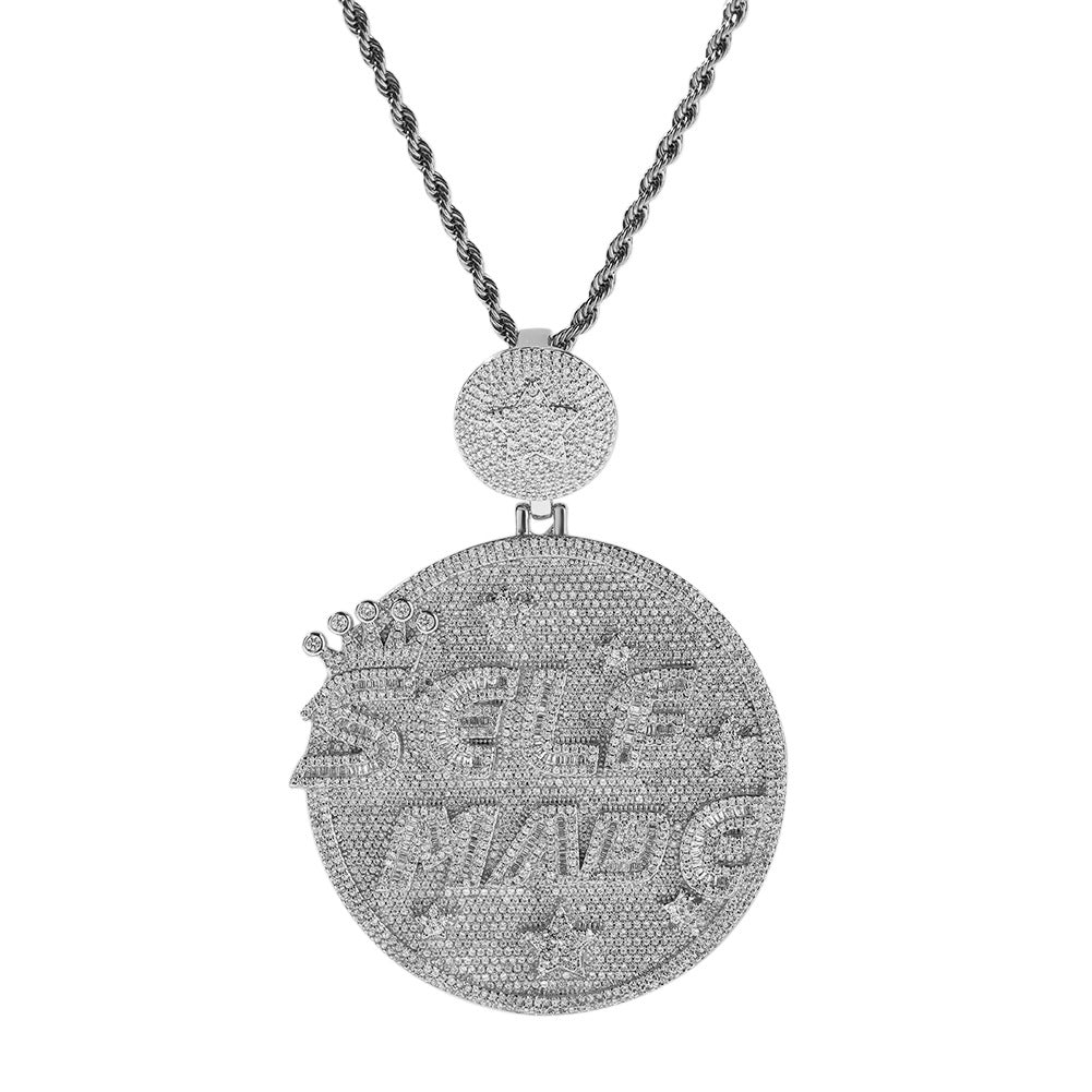 Self made hip-hop large diamond-encrusted disc necklace