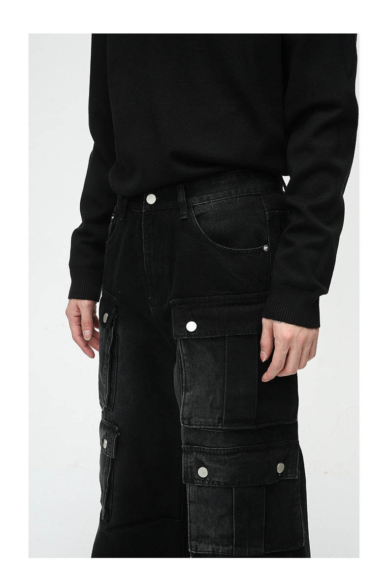 Heavy-Duty Retro Multi-Pocket Cargo-Style Wide-Leg Jeans