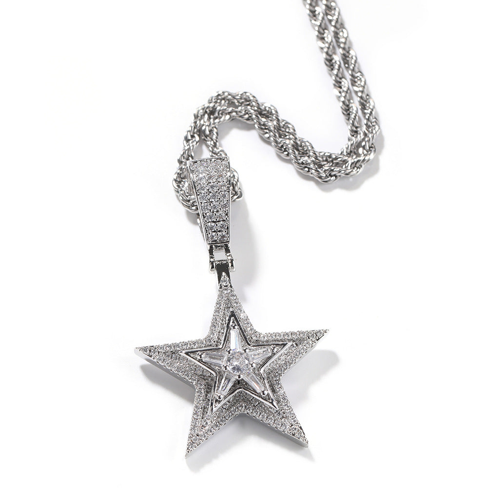 Hip-hop diamond-studded rotating five-pointed star necklace
