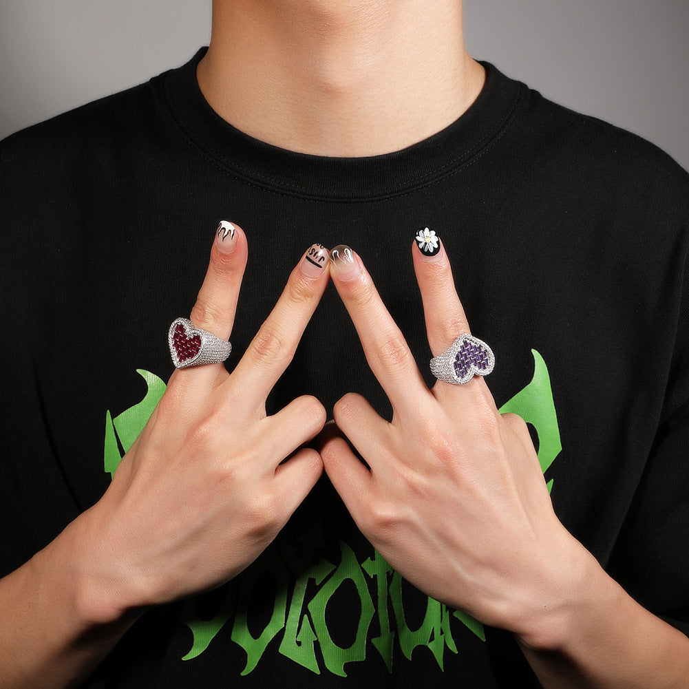 Hip-Hop T-Square & Heart-Shaped Zirconia Ring