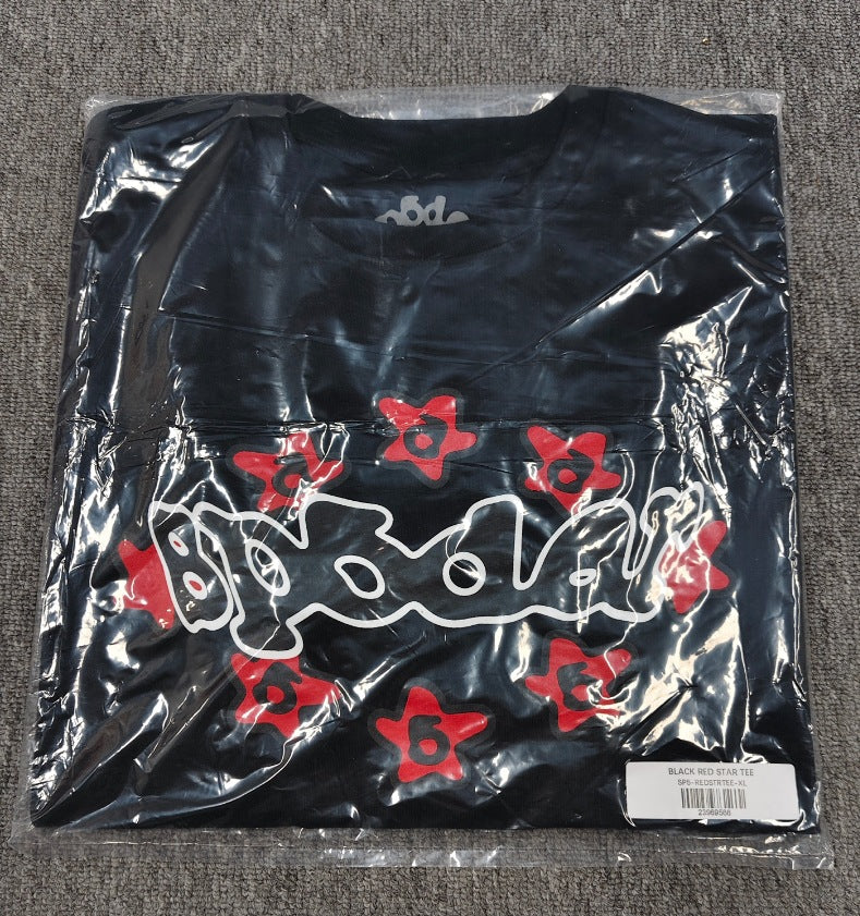 Hip-hop SP5der loose-fitting spider web T-shirt with lettering