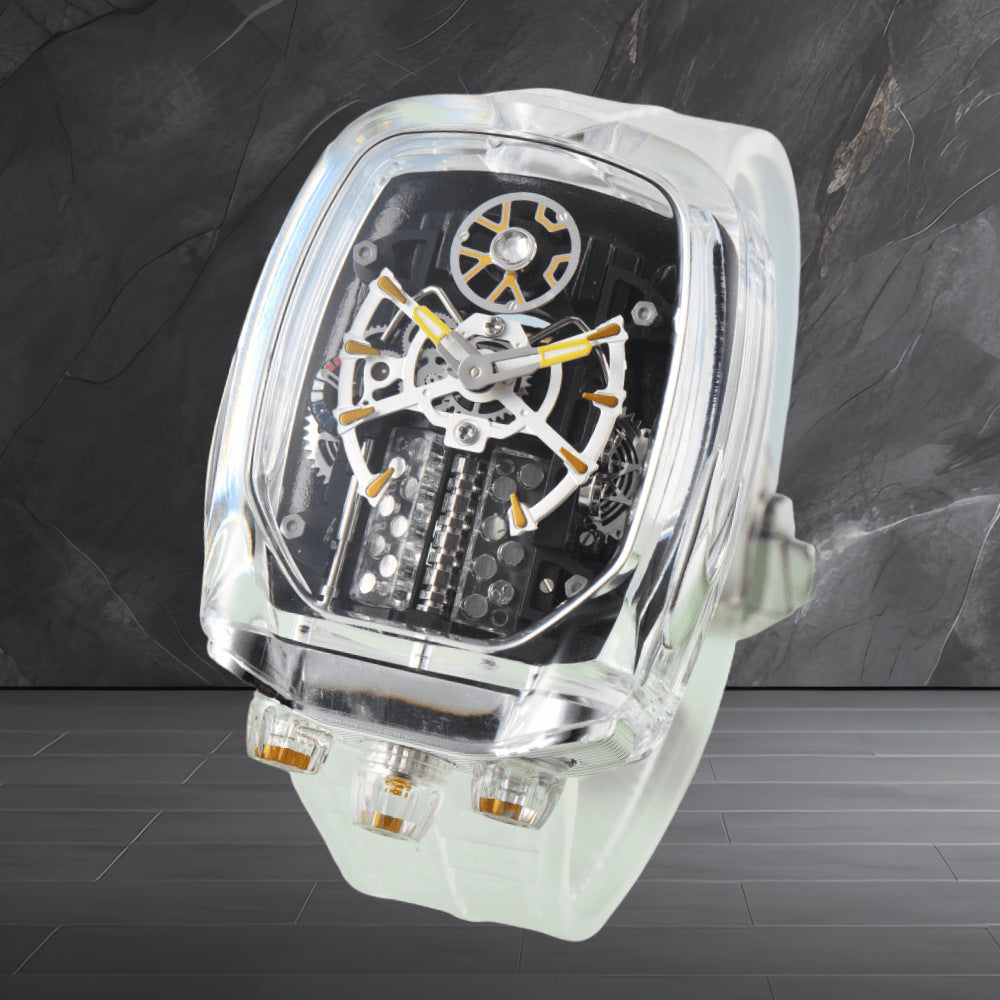 W16 Engine-Style Watch with Sparkling Transparent Crystal Case