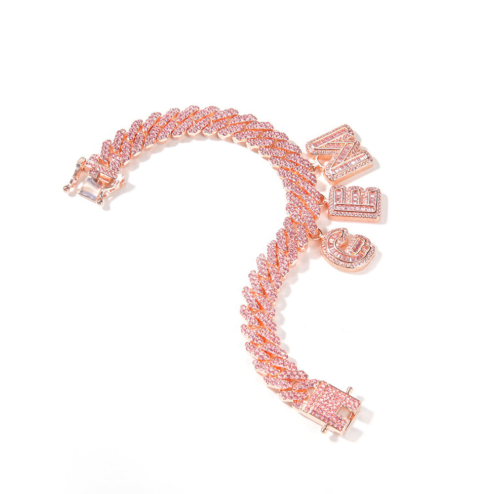 Pink diamond-set custom letter Cuban chain bracelet and necklace