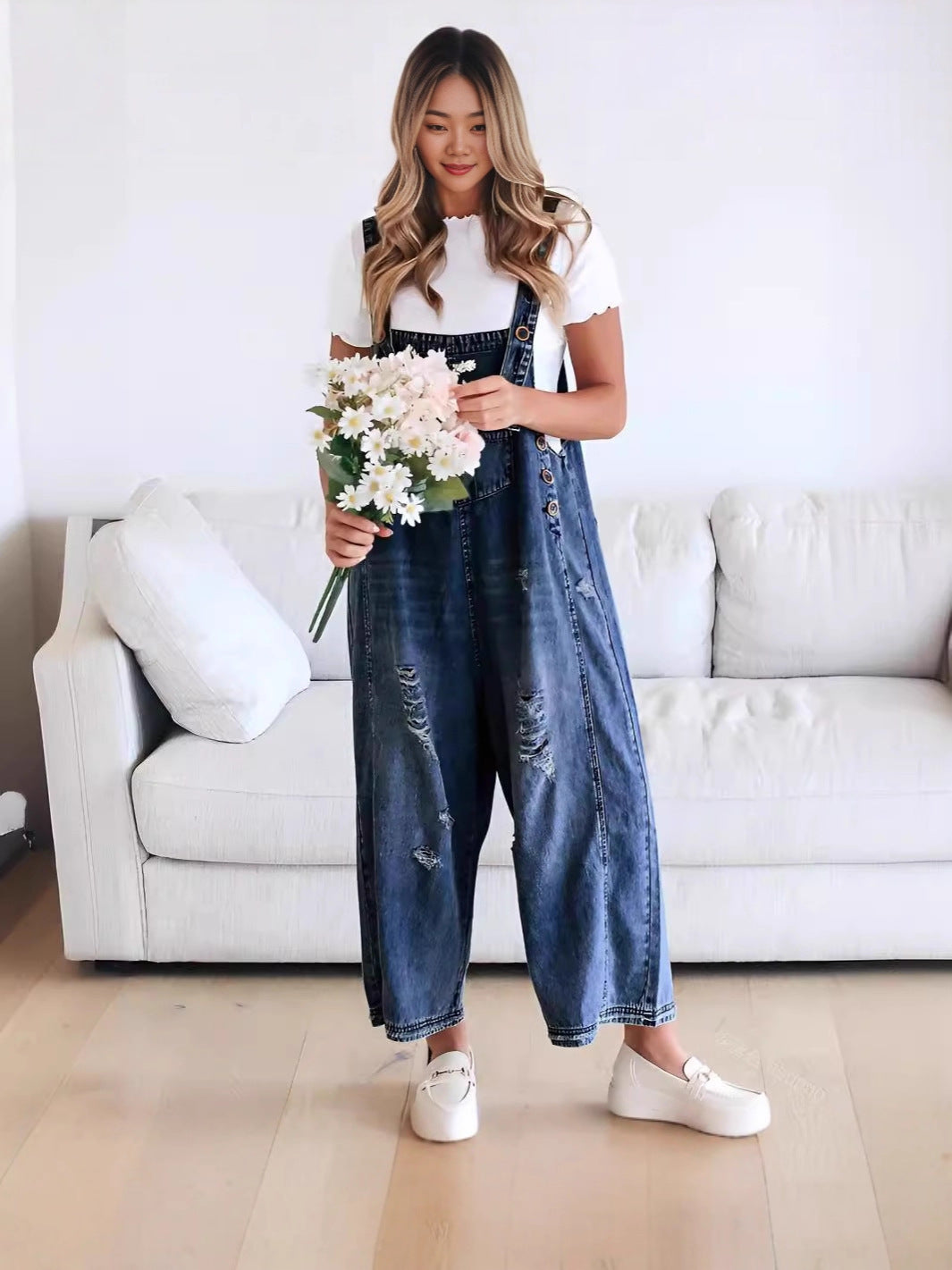 Vintage Distressed Ripped Loose-Fit Wide-Leg Denim Overalls