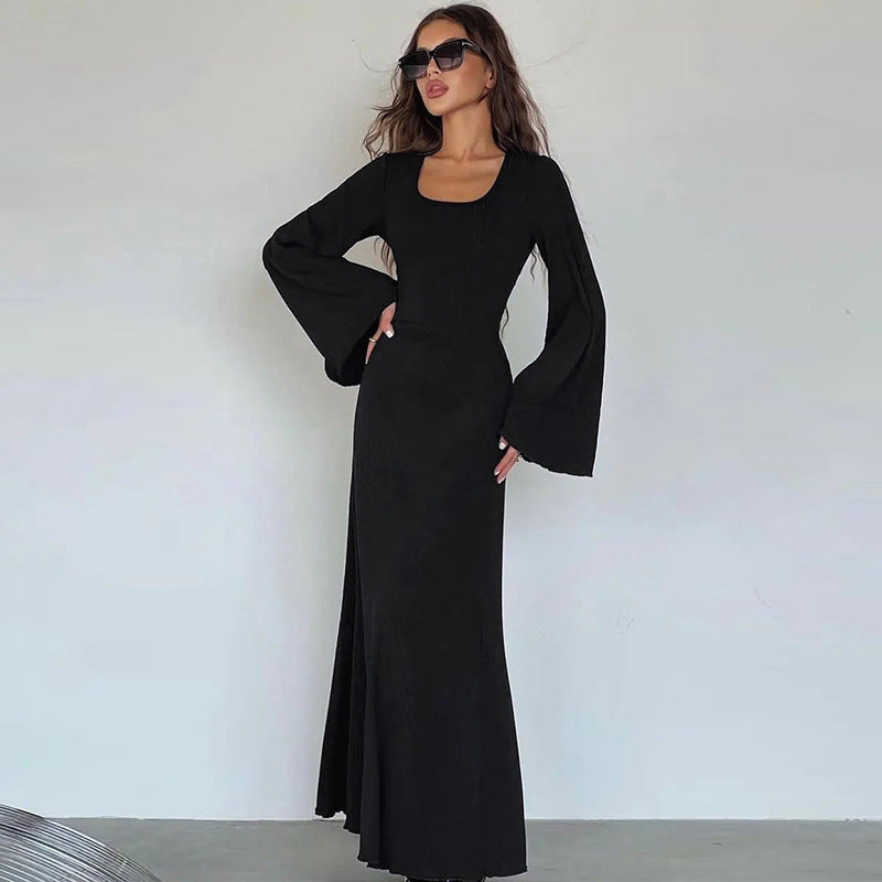 Autumn Fashion Loose U-neck Back Tie Long Sleeve Dress