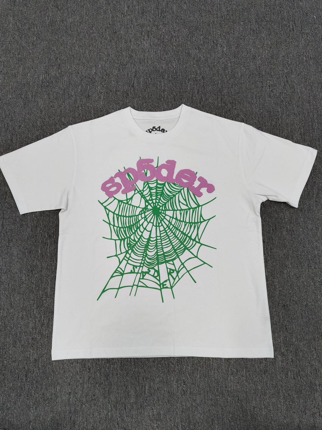 Hip-hop SP5der loose-fitting spider web T-shirt with lettering