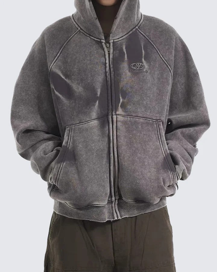 Distressed washed and pleated hooded sleeves