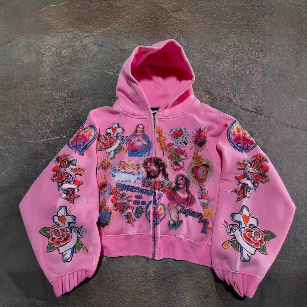 RIGHTEOUS Jesus Cross Cartoon Hooded Zip-up Sweatshirt