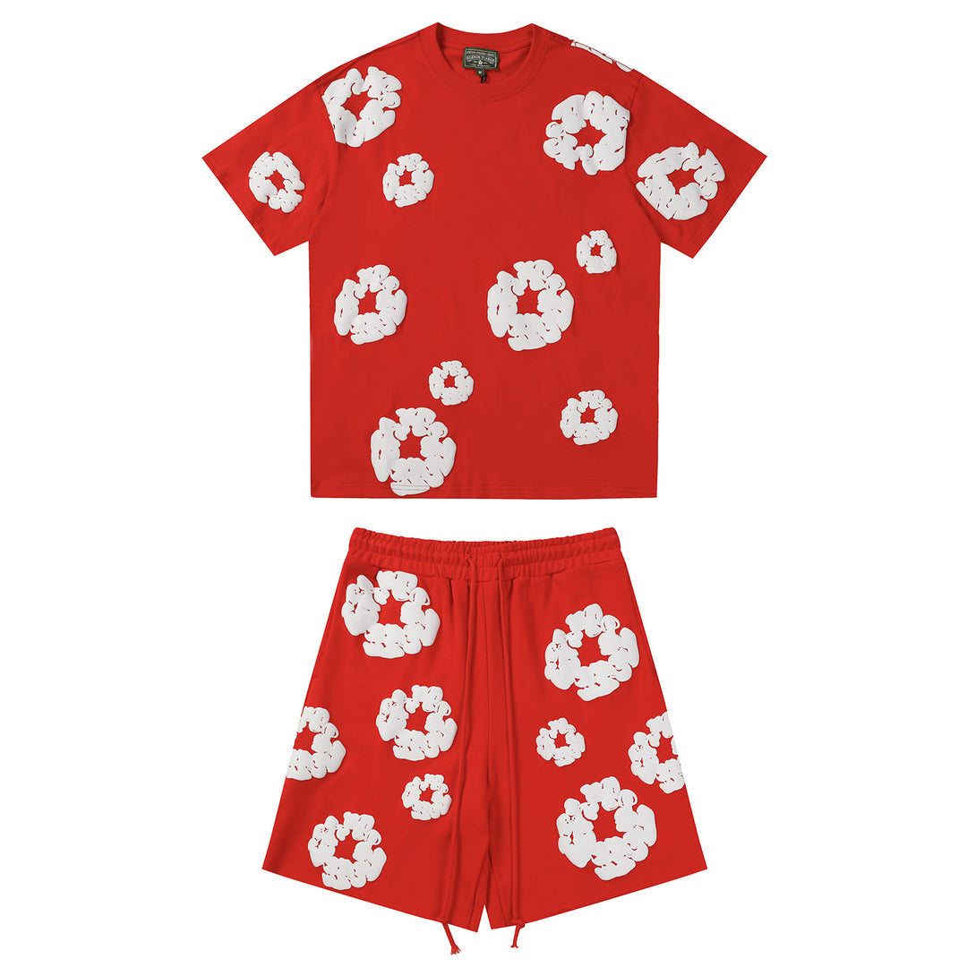 Foamed Kapok Flower Loose-Fitting Short-Sleeved Shorts
