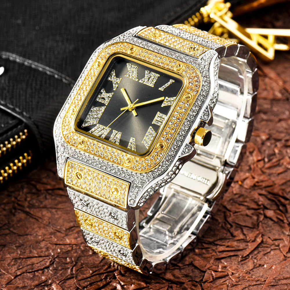 Roman Dial Marker High-End Hip Hop Style Diamond-Studded Square Watch