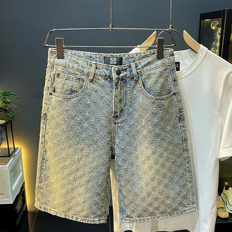 Loose Straight Leg Ripped Jacquard Five-Point Shorts