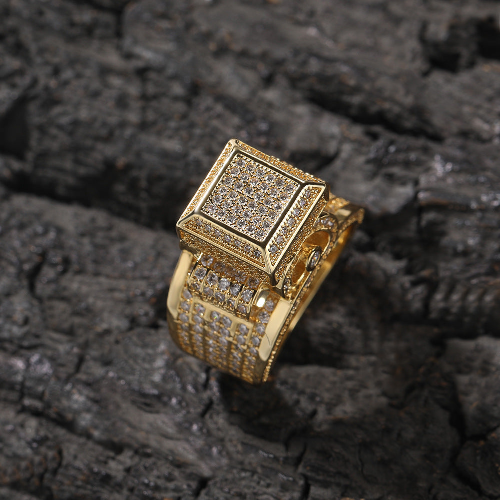 Hip-hop square diamond-encrusted couple ring
